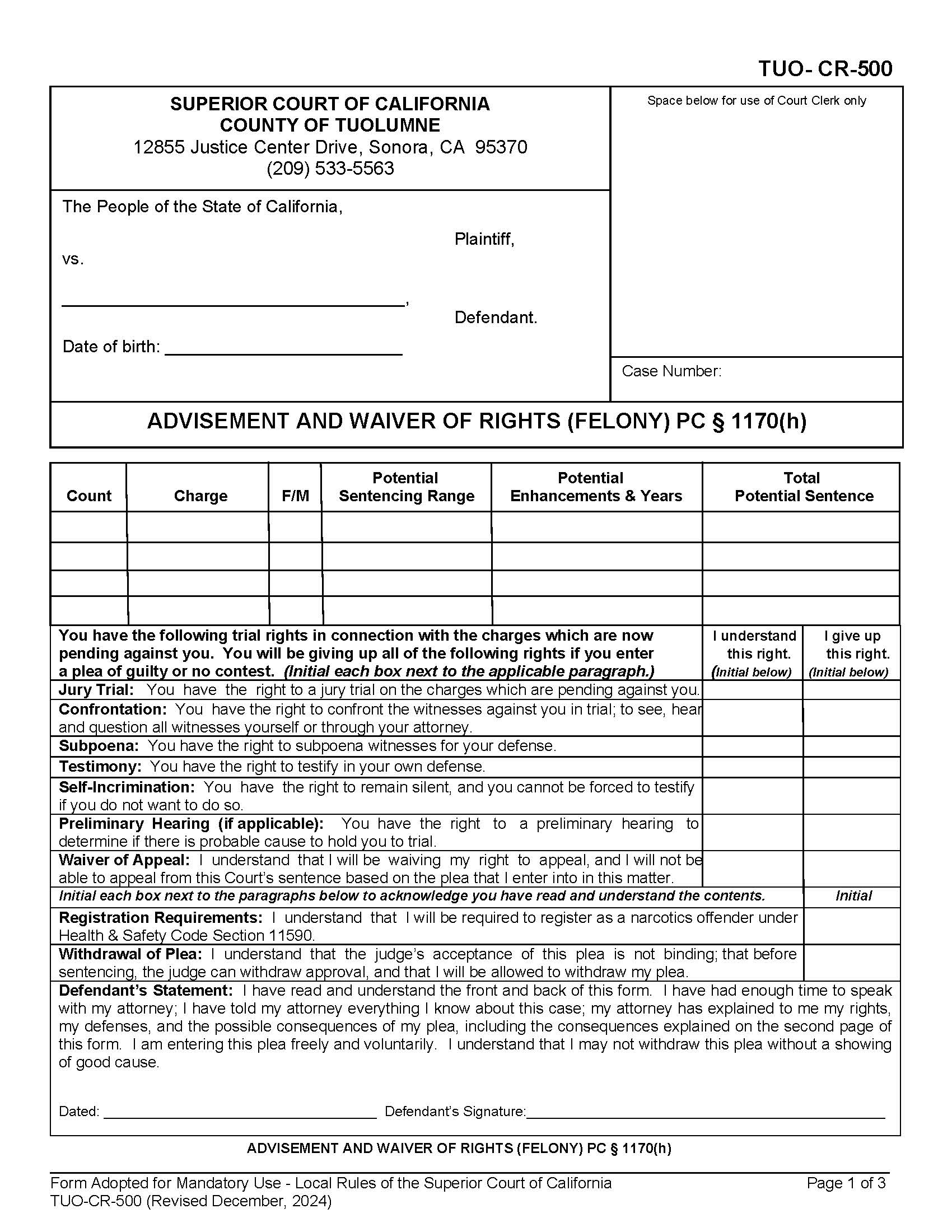Advisement And Waiver Of Rights (Felony) PC 1170h {TUO-CR-500} | Pdf Fpdf Docx | California