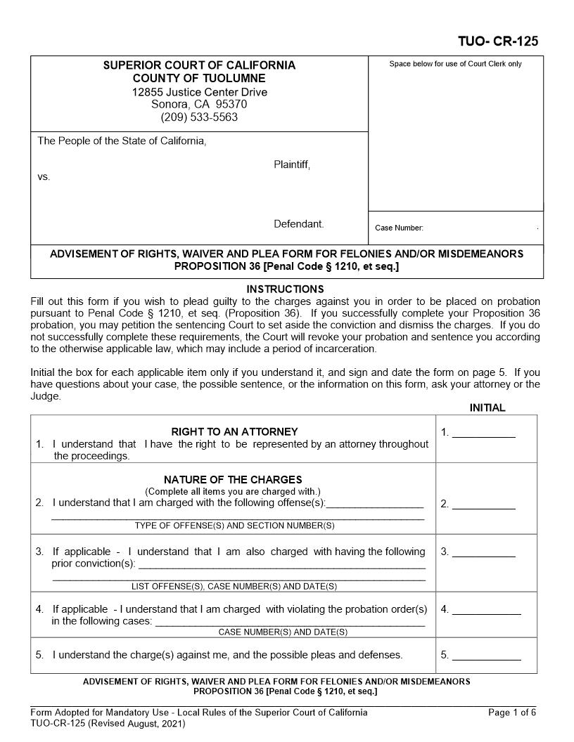 Advisement Of Rights Waiver Of Plea Form For Felonies {TUO-CR-125} | Pdf Fpdf Docx | California