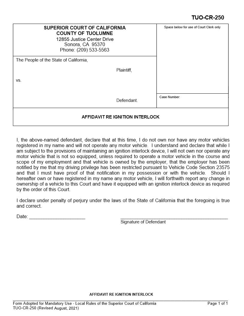 Affidavit Re Ignition Interlock {TUO-CR-250} | Pdf Fpdf Docx | California