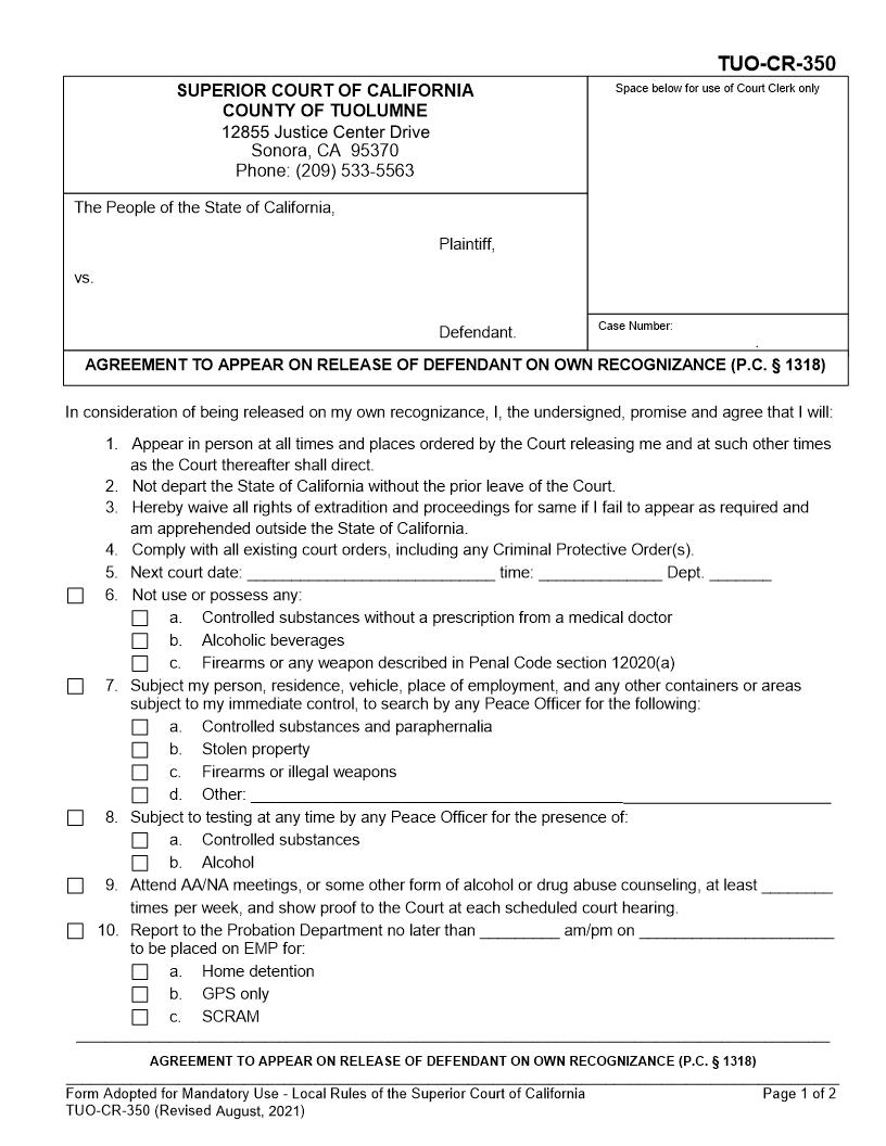 Agreement To Appear On Release Of Defendant On Own Recognizance {TUO-CR-350} | Pdf Fpdf Docx | California