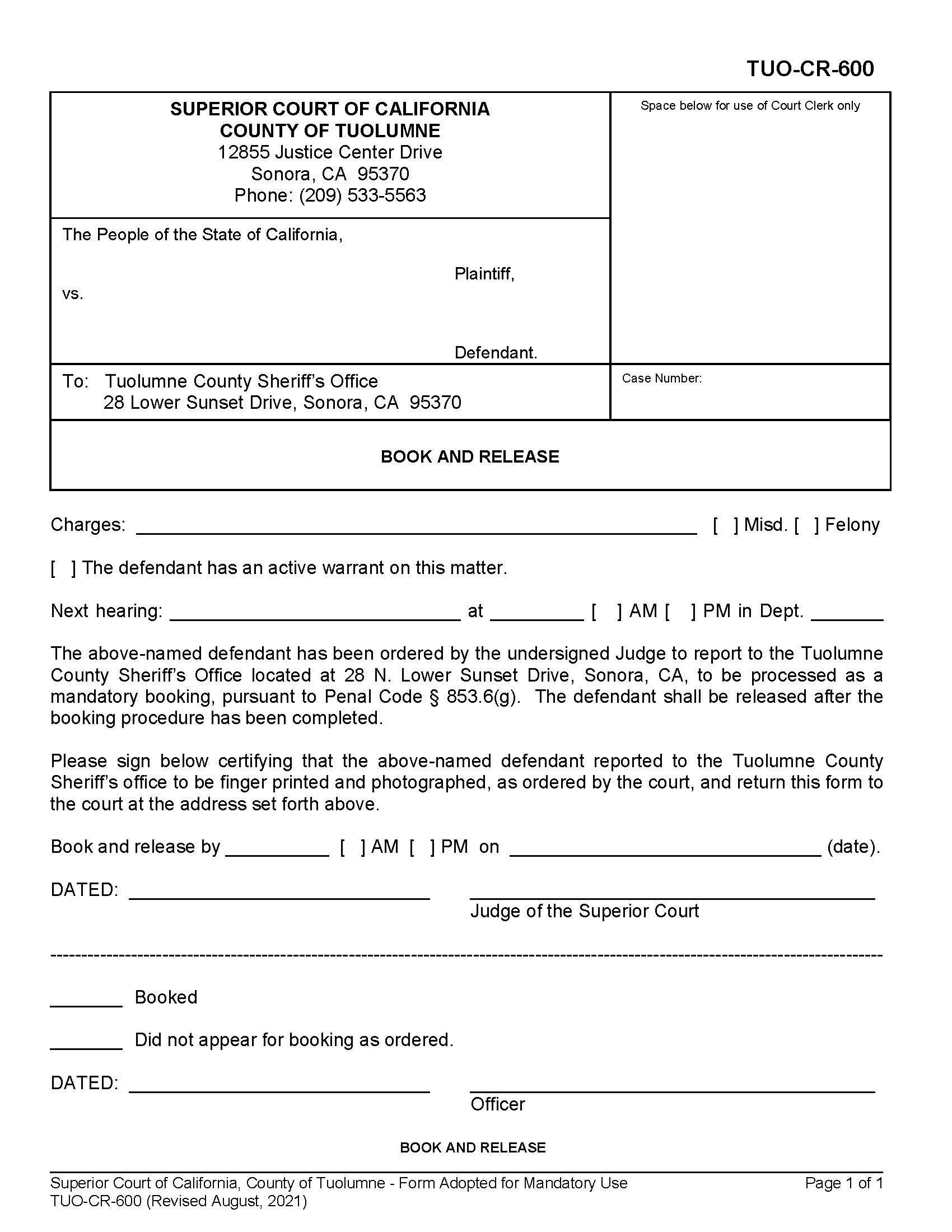 Book And Release {TUO-CR-600} | Pdf Fpdf Docx | California