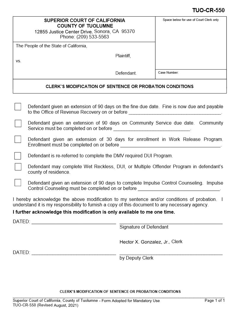Clerks Modification Of Sentence Or Probation Conditions {TUO-CR-550} | Pdf Fpdf Docx | California