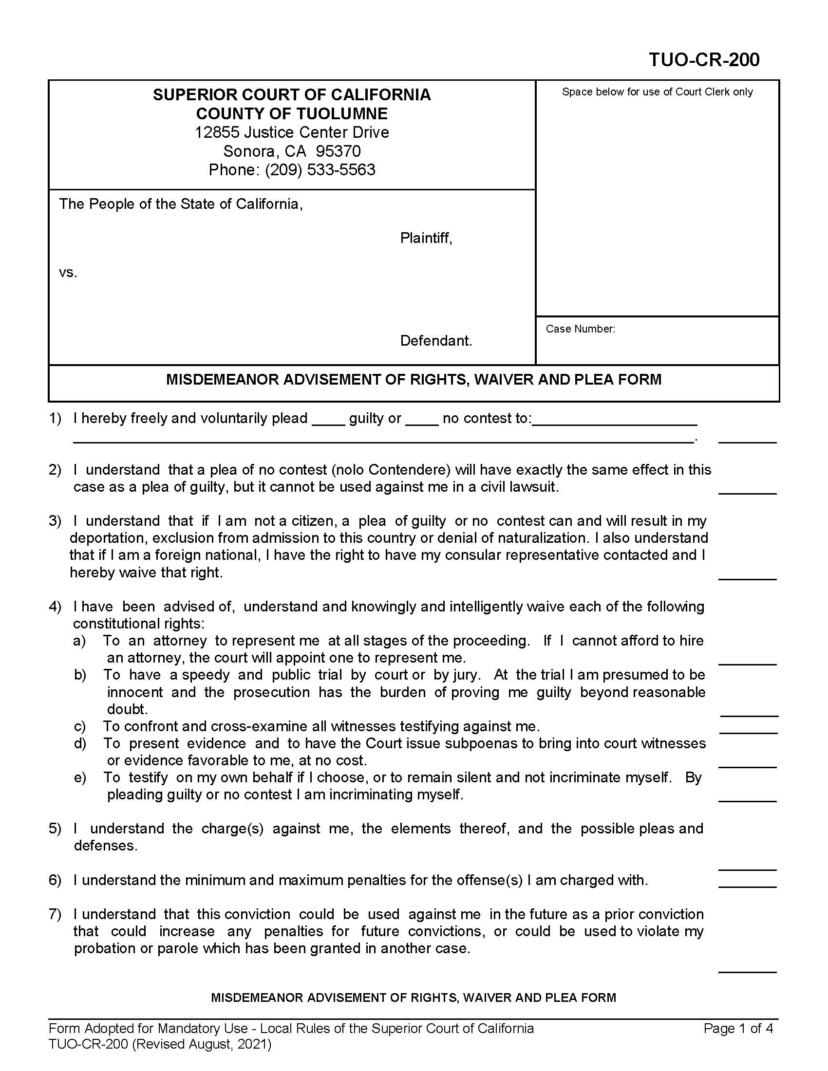 Misdemeanor Advisement Of Rights Waiver Of Plea Form {TUO-CR-200} | Pdf Fpdf Docx | California