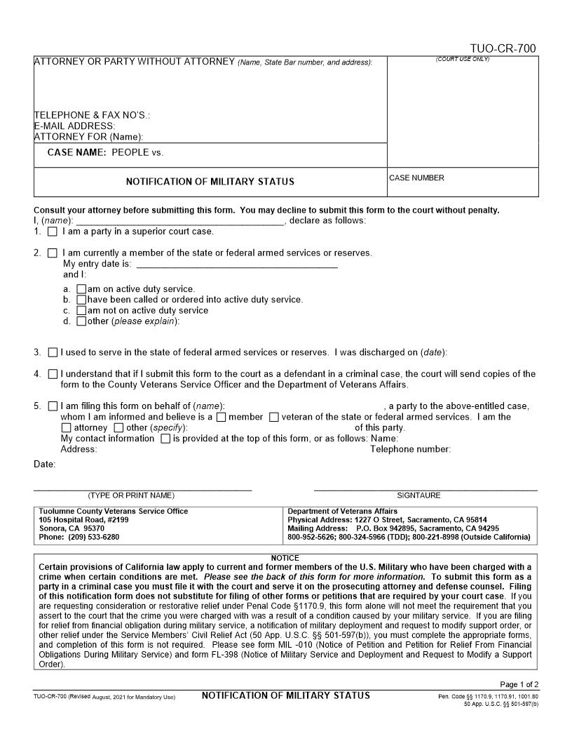 Notification Of Military Status {TUO-CR-700} | Pdf Fpdf Docx | California
