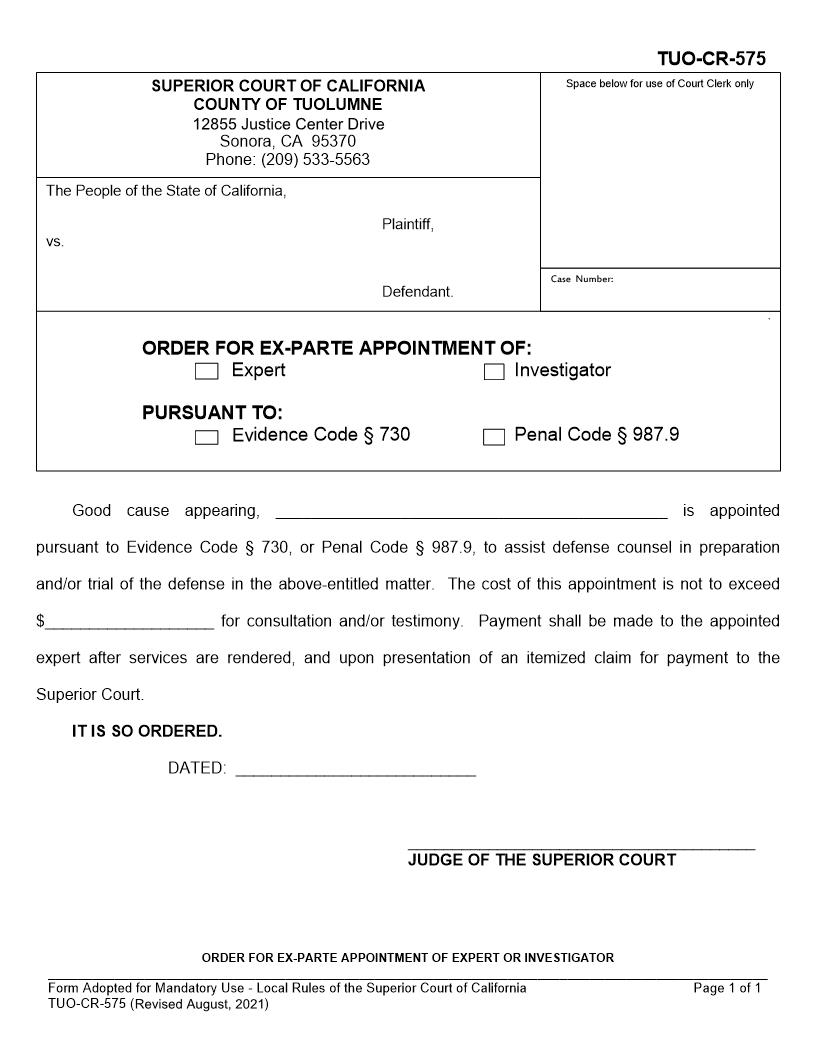 Order For Ex Parte Appointment Of Expert Or Investigator {TUO-CR-575} | Pdf Fpdf Docx | California