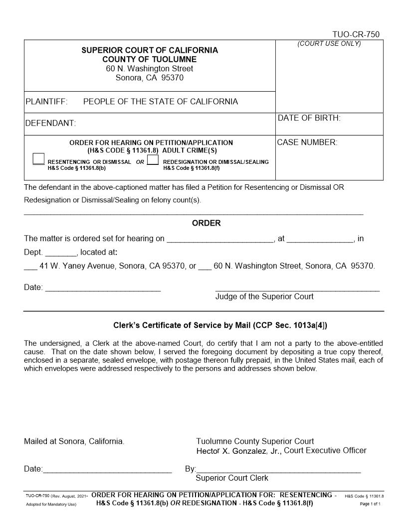 Order For Hearing On Petition Application (HS Code Section 11361.8) {TUO-CR-750} | Pdf Fpdf Docx | California