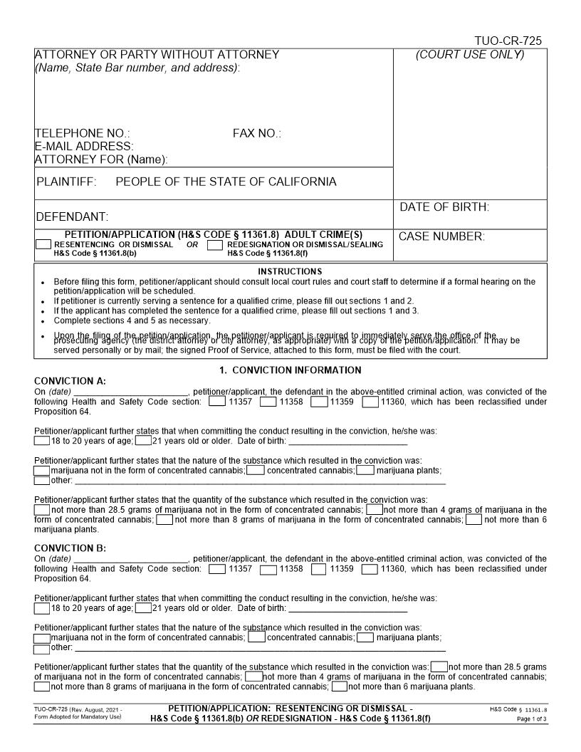 Petition Application (HS Code Section 11361.8) (With Response) Adult Crimes {TUO-CR-725} | Pdf Fpdf Docx | California