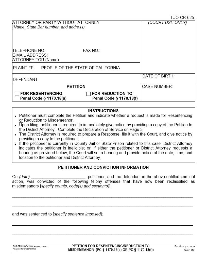 Petition For Resentencing Reduction To Misdemeanor {TUO-CR-625} | Pdf Fpdf Docx | California