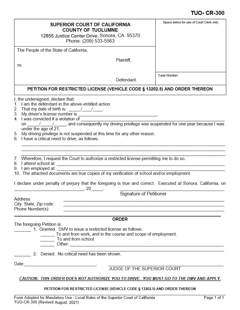 Petition For Restricted License And Order Thereon {TUO-CR-300} | Pdf Fpdf Docx | California