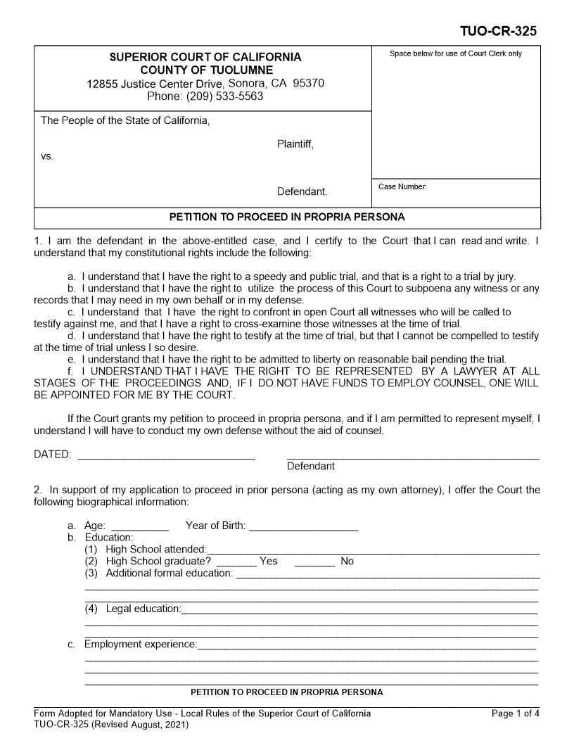 Petition To Proceed In Propria Persona {TUO-CR-325} | Pdf Fpdf Docx | California