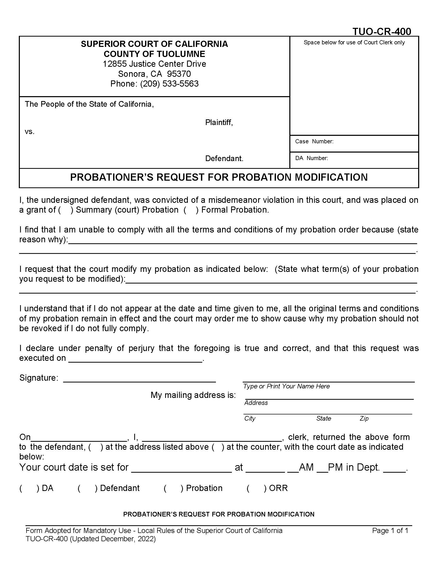 Probationers Request For Probation Modification {TUO-CR-400} | Pdf Fpdf Docx | California