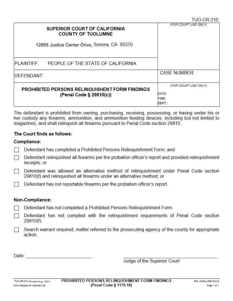 Prohibited Persons Relinquishment Form Findings PC Sec. 29810c  {TUO-CR-210} | Pdf Fpdf Docx | California