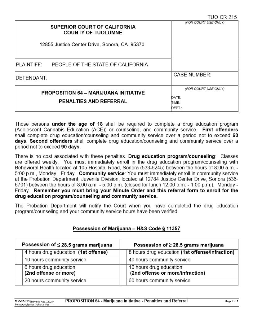 Prop. 64 Marijuana Initiative Penalties And Referral {TUO-CR-215} | Pdf Fpdf Docx | California