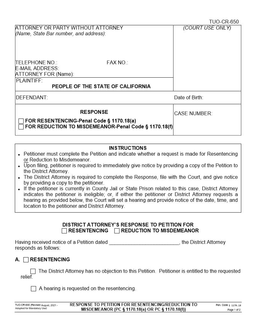 Response For Resentencing Or Reduction To Misdemeanor (Penal Code Section 1170.18) {TUO-CR-650} | Pdf Fpdf Docx | California