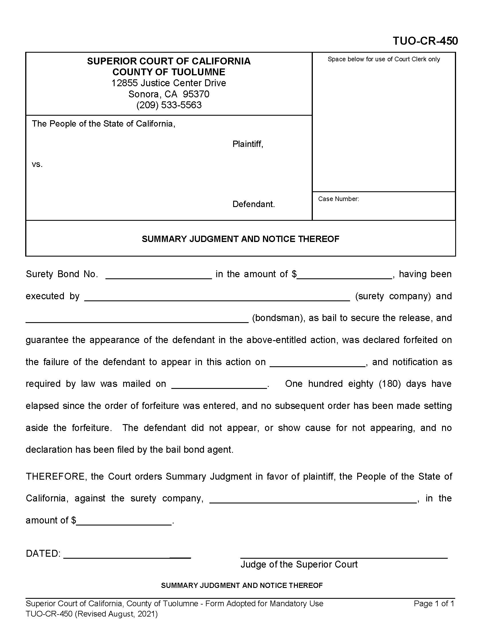 Summary Judgment And Notice Thereof {TUO-CR-450} | Pdf Fpdf Docx | California