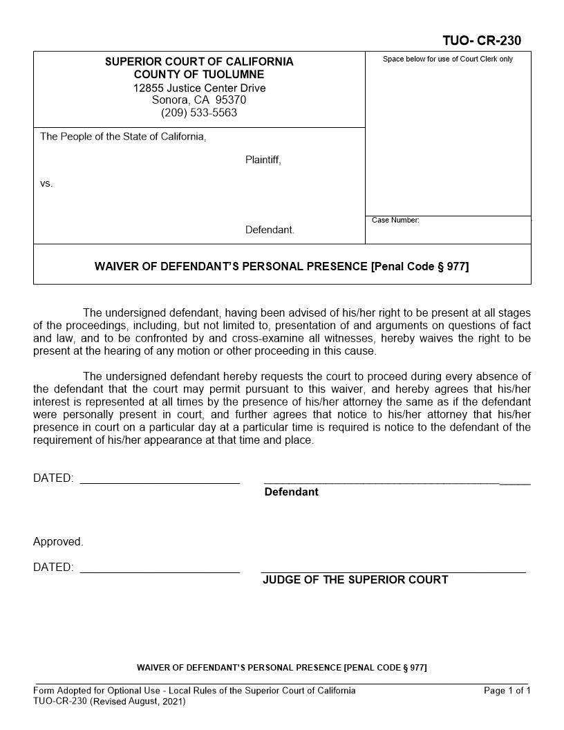 Waiver Of Defendants Personal Presence {TUO-CR-230} | Pdf Fpdf Docx | California