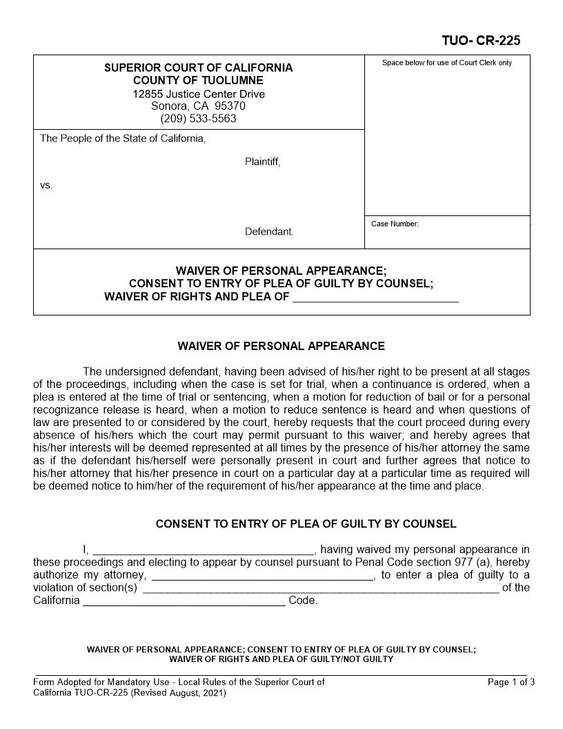 Waiver Of Personal Appearance Consent To Entry Of Plea Of Guilty {TUO-CR-225} | Pdf Fpdf Docx | California