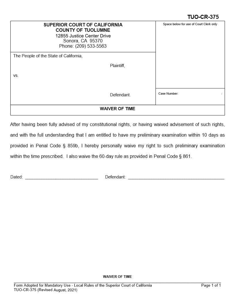 Waiver Of Time {TUO-CR-375} | Pdf Fpdf Docx | California