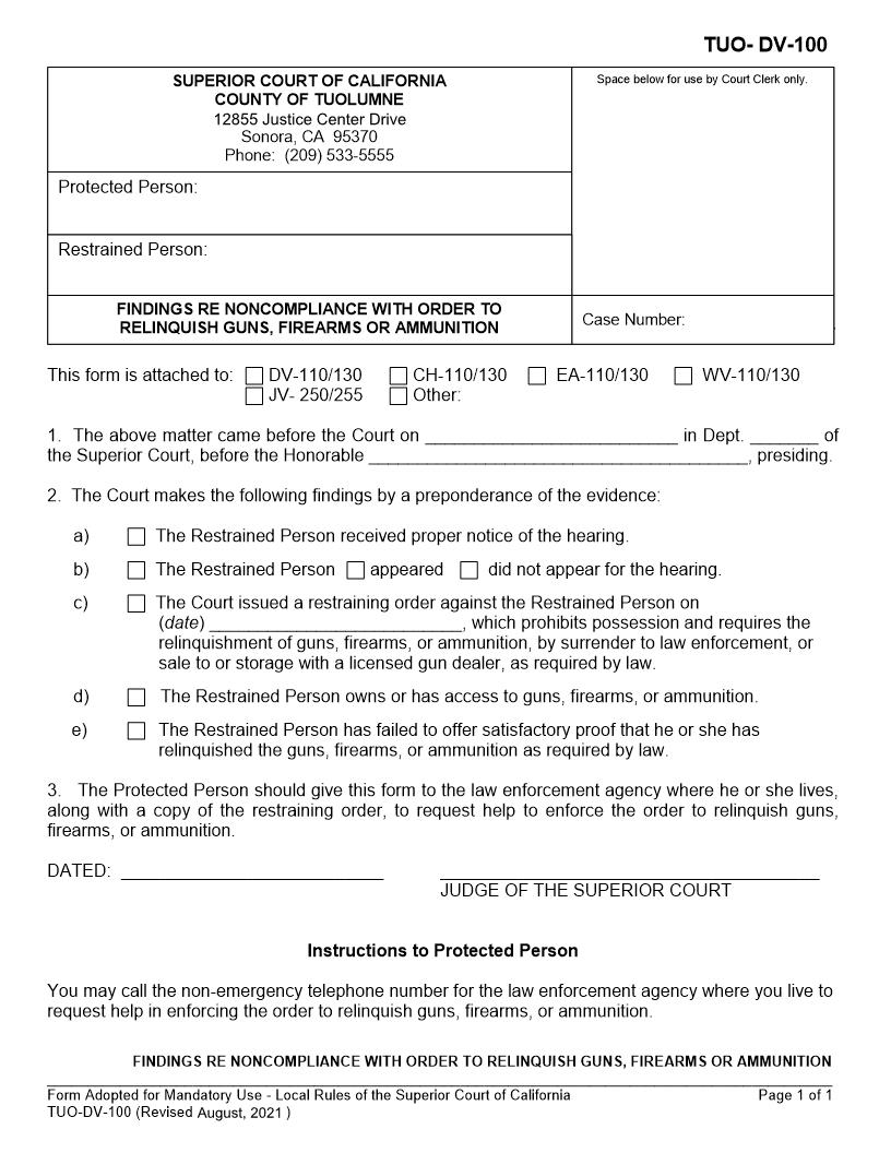 Findings Re Noncompliance With Order To Relinquish Guns Firearms Or Ammunition {TUO-DV-100} | Pdf Fpdf Docx | California