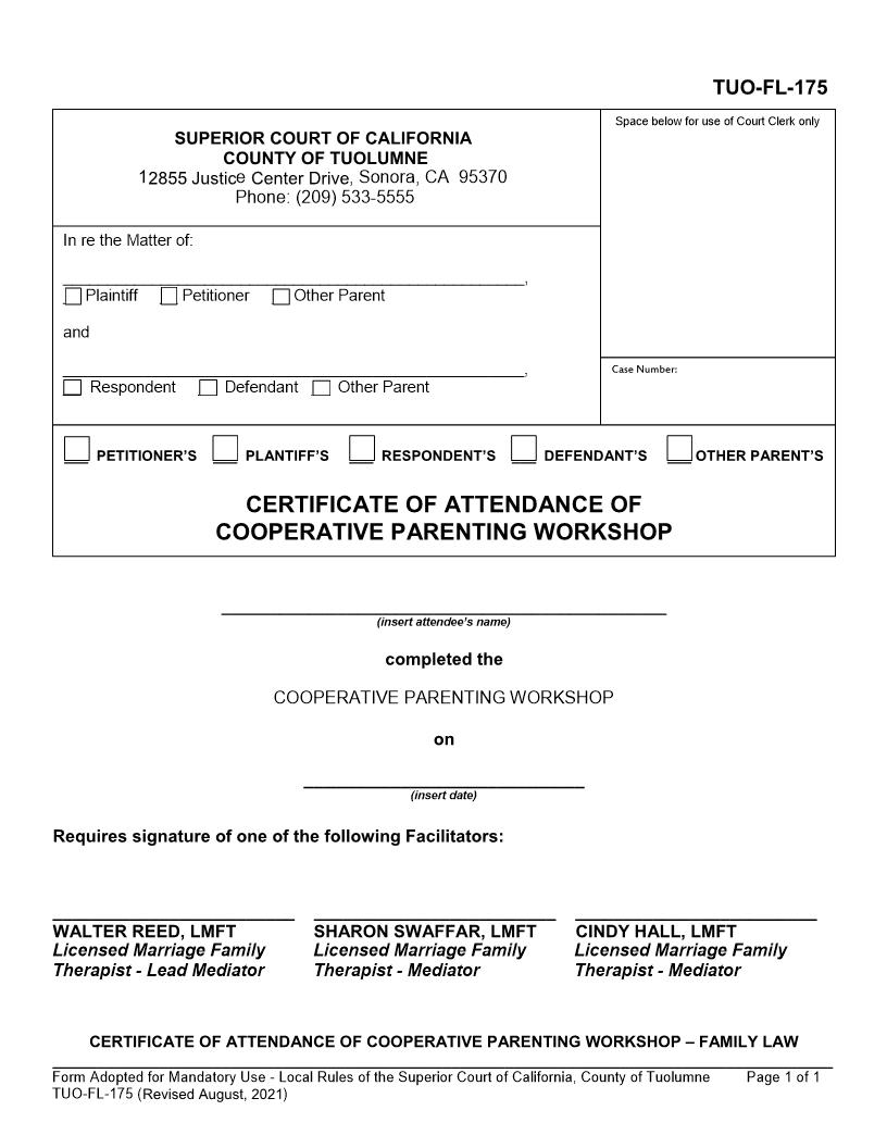 Certificate Of Attendance Of Cooperative Parenting Workshop Family Law {TUO-FL-175} | Pdf Fpdf Docx | California