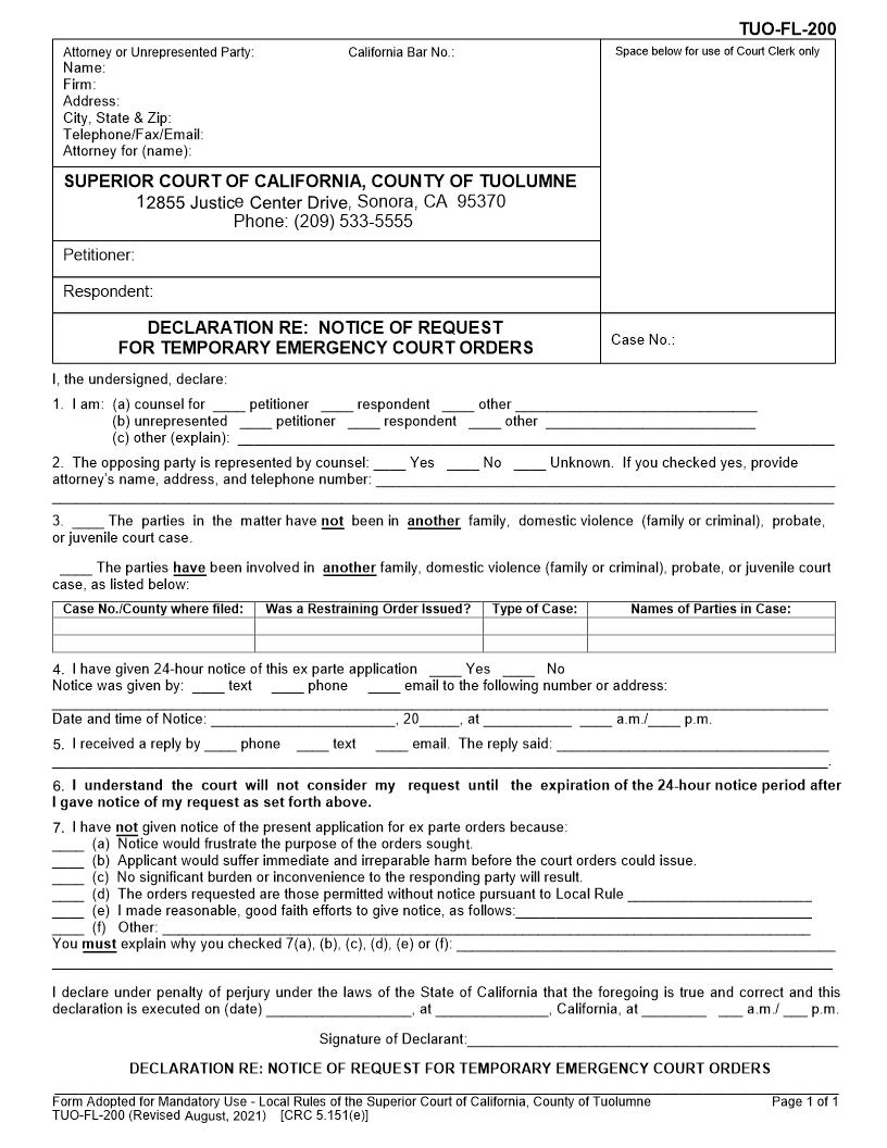 Declaration Re Notice Of Request For Temporary Emergency Court Orders {TUO-FL-200} | Pdf Fpdf Docx | California