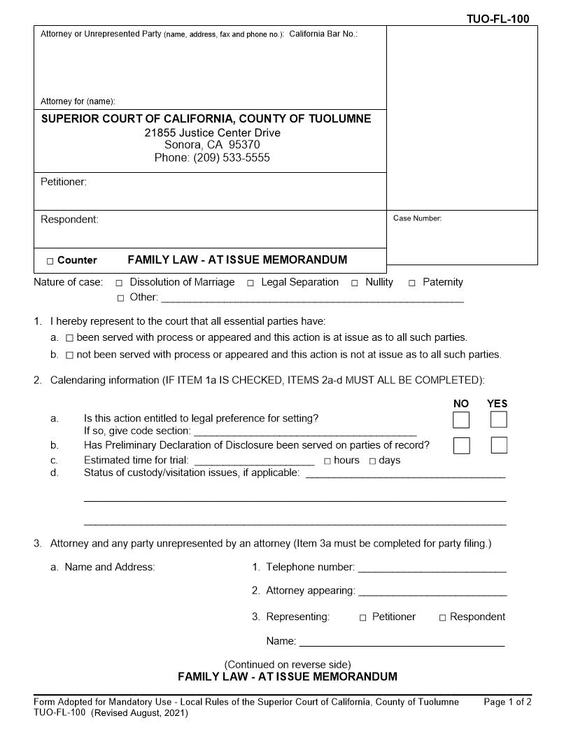 Family Law At Issue Memorandum {TUO-FL-100} | Pdf Fpdf Docx | California