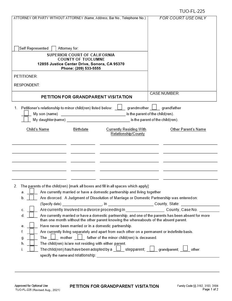Petition For Grandparent Visitation {TUO-FL-225} | Pdf Fpdf Docx | California