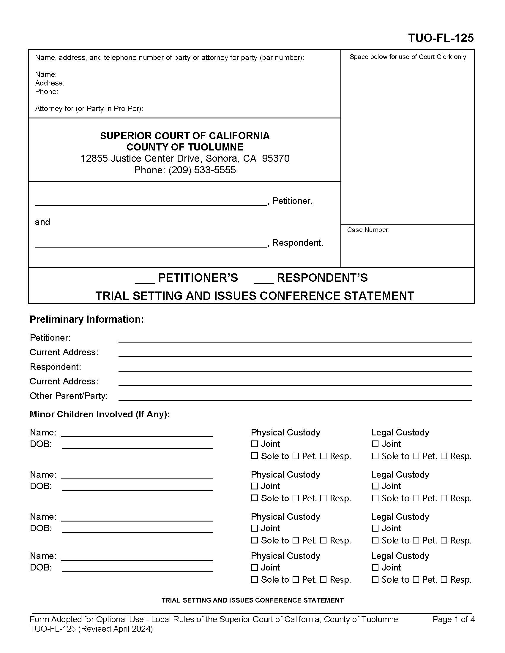 Pre Trial Statement (Petitioners Respondents) Family Law {TUO-FL-125} | Pdf Fpdf Docx | California