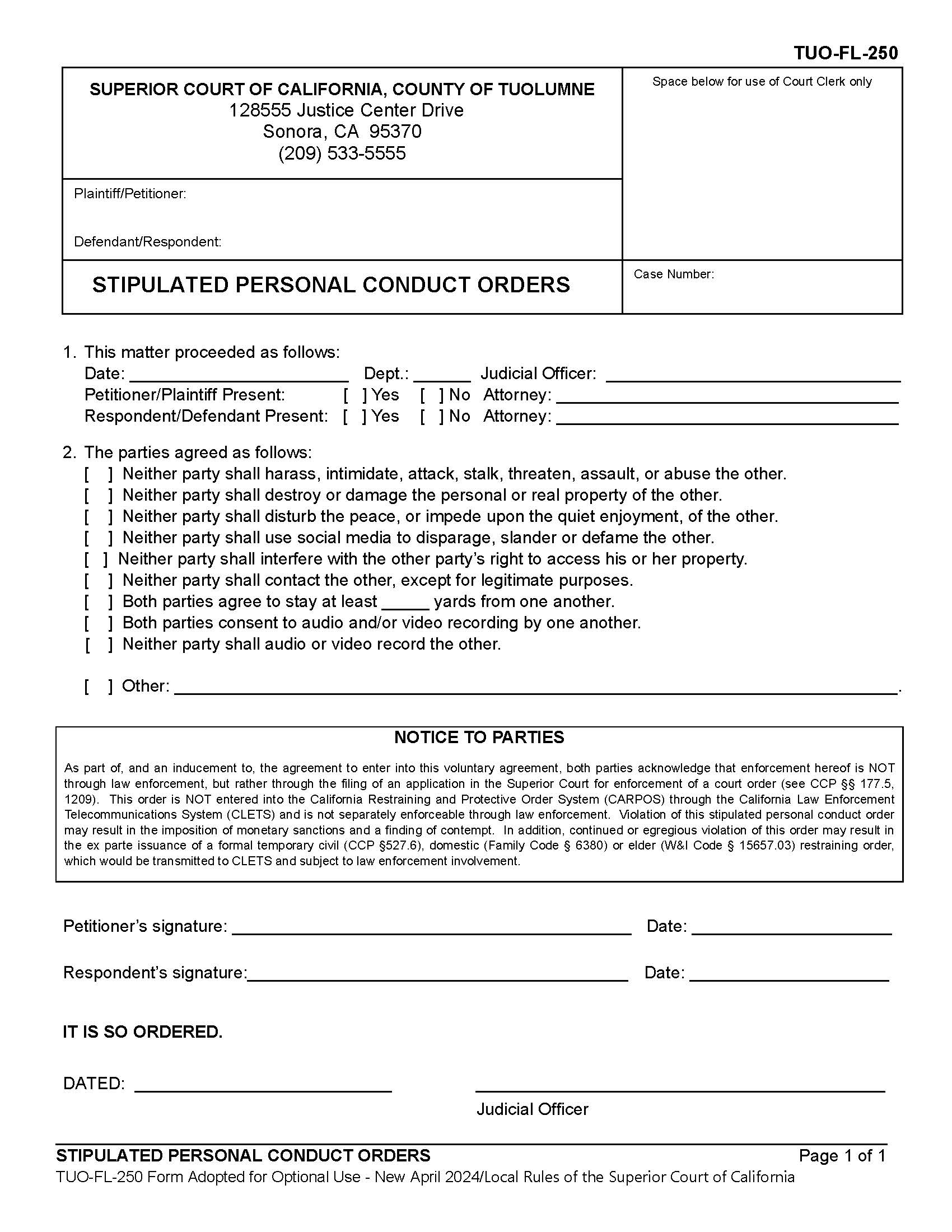 Stipulated Personal Conduct Orders {TUO-FL-250} | Pdf Fpdf Docx | California
