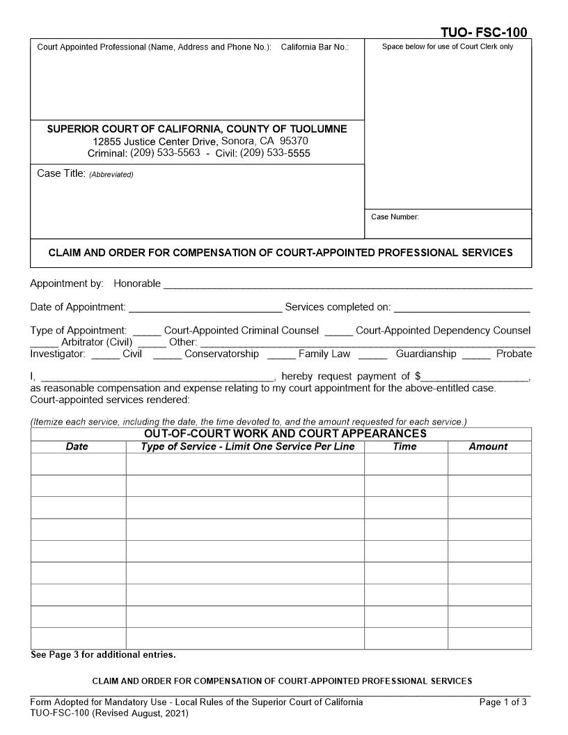 Claim And Order For Compensation Of Court Appointed Professional Services {TUO-FSC-100} | Pdf Fpdf Docx | California