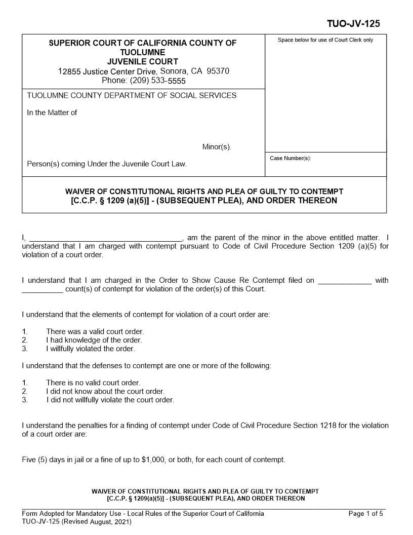 Waiver Of Constitutional Rights And Plea OF Guilty To Contempt (Subsequent Plea) {TUO-JV-125} | Pdf Fpdf Docx | California