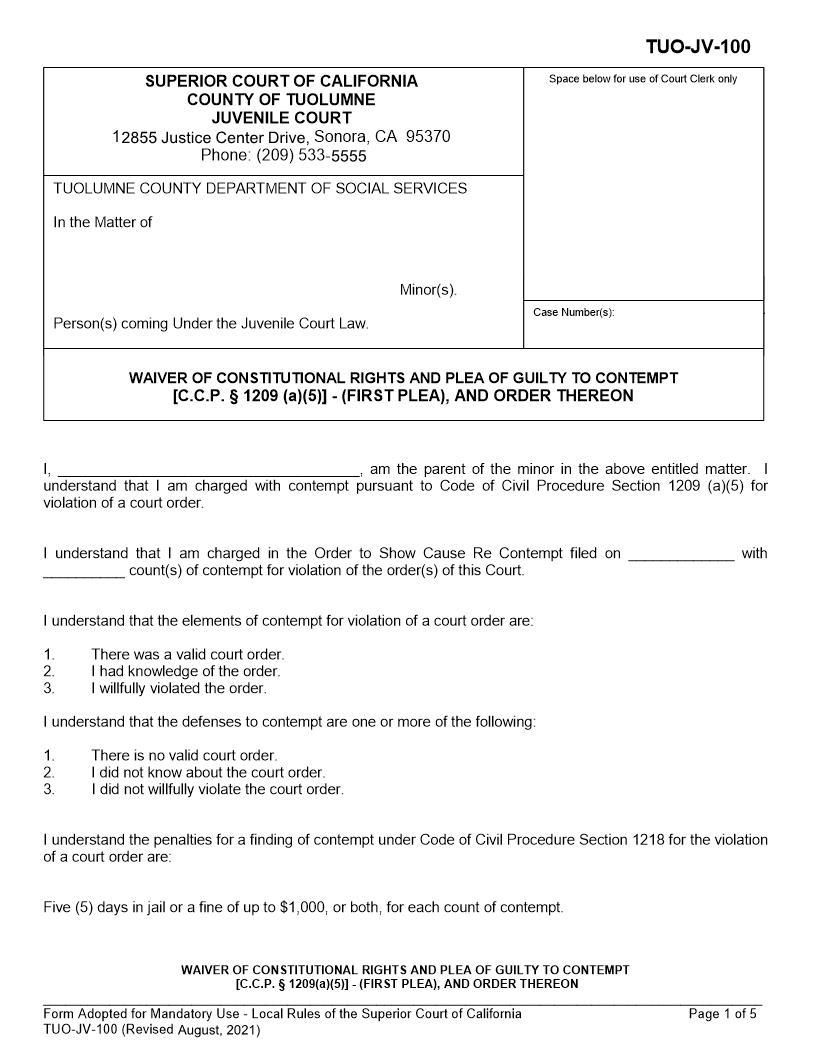 Waiver Of Constitutional Rights And Plea Of Guilty To Contempt (First Plea) {TUO-JV-100} | Pdf Fpdf Docx | California