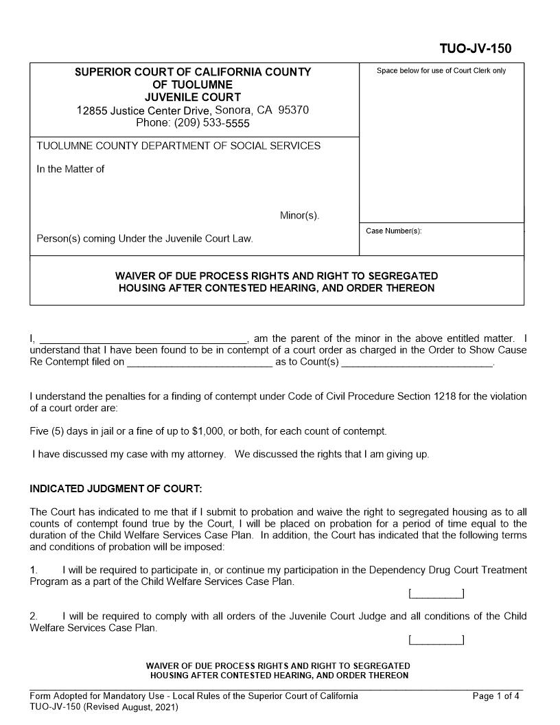 Waiver Of Due Process Rights And Right To Segregated Housing {TUO-JV-150} | Pdf Fpdf Docx | California