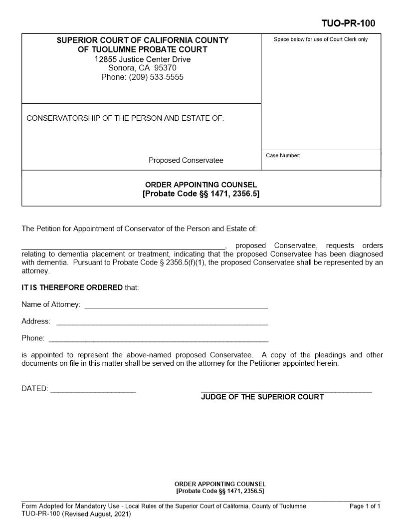 Order Appointing Counsel (Probate Code Section 1471 2356.5) {TUO-PR-100} | Pdf Fpdf Docx | California