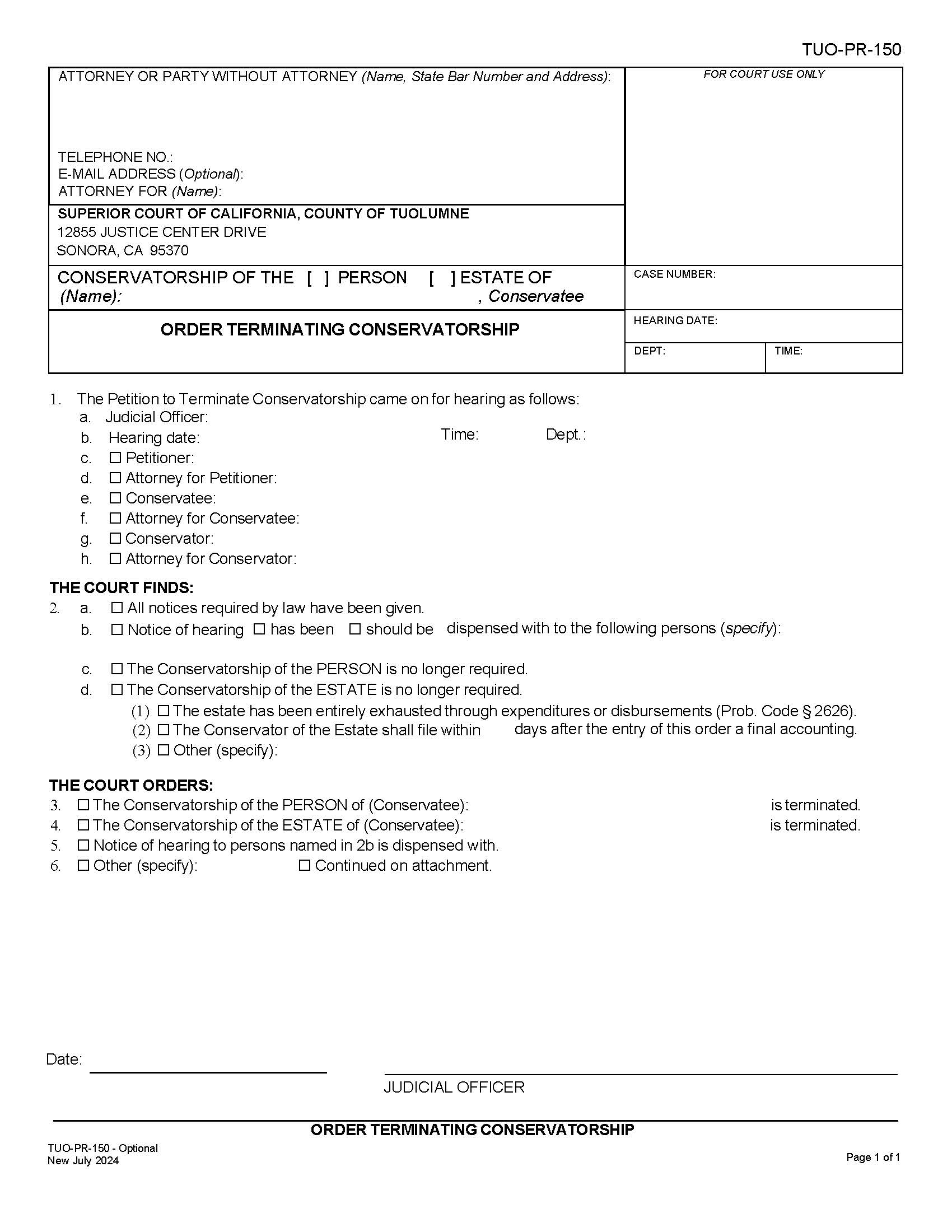 Order Terminating Conservatorship {TUO-PR-150} | Pdf Fpdf Docx | California