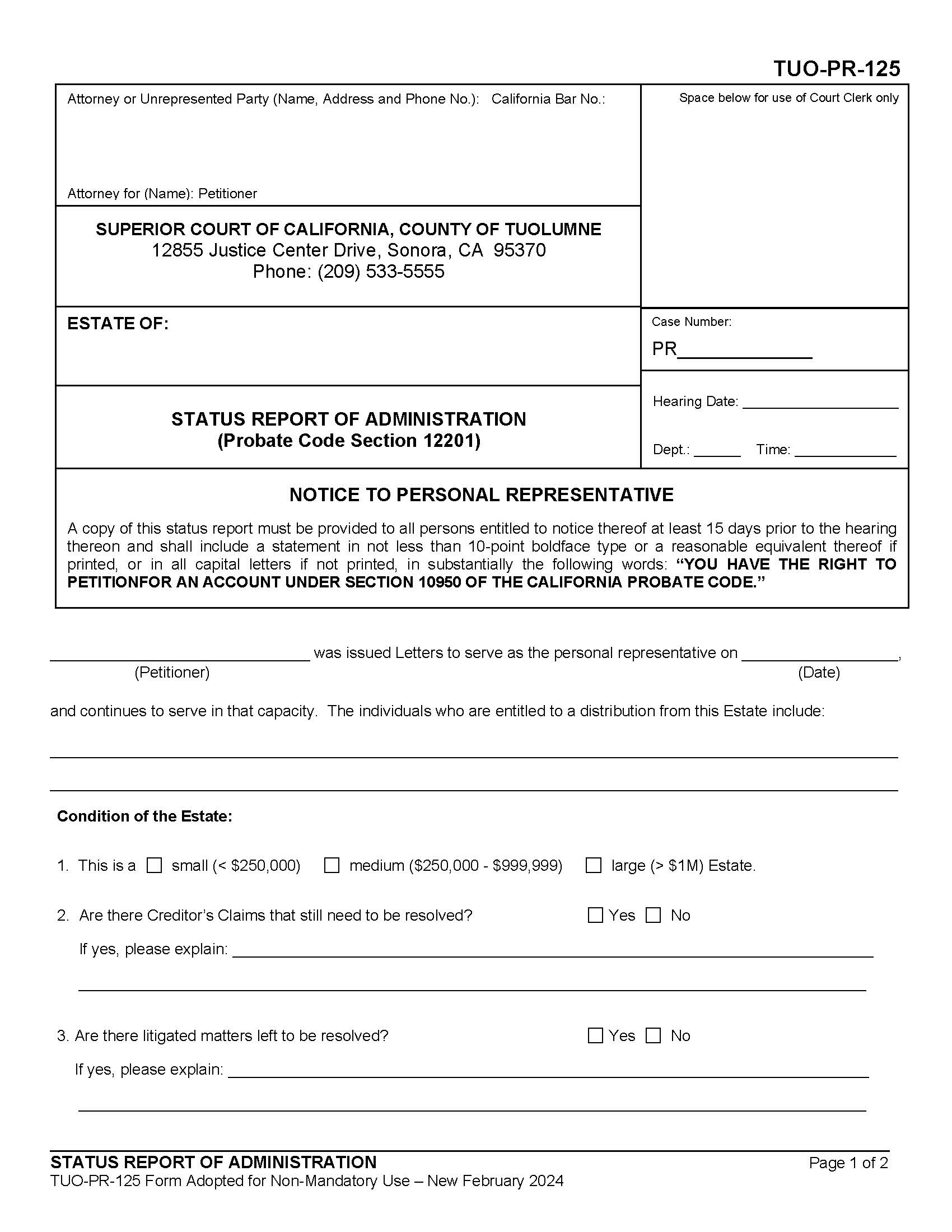 Status Report Of Administration (Probate Code Section 12201) {TUO-PR-125} | Pdf Fpdf Docx | California