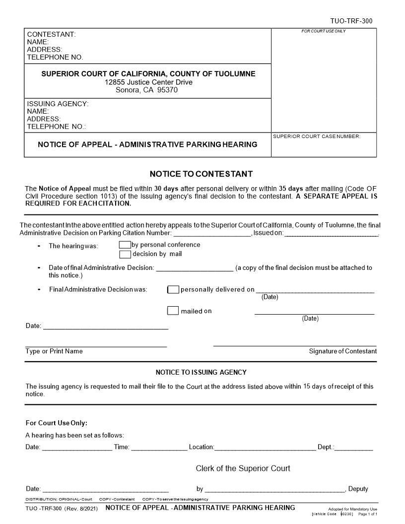 Notice Of Appeal Administrative Parking Hearing {TUO-TRF-300} | Pdf Fpdf Docx | California