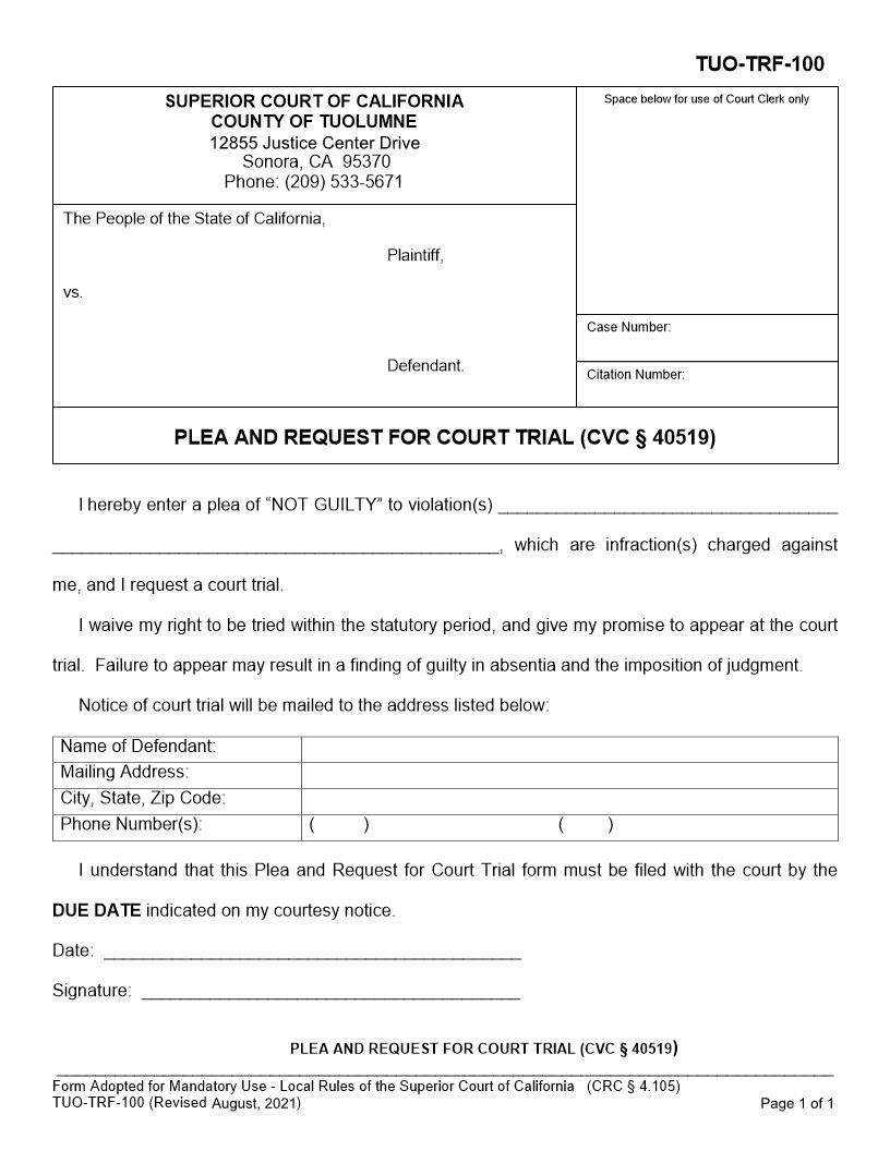 Plea And Request For Court Trial {TUO-TRF-100} | Pdf Fpdf Docx | California