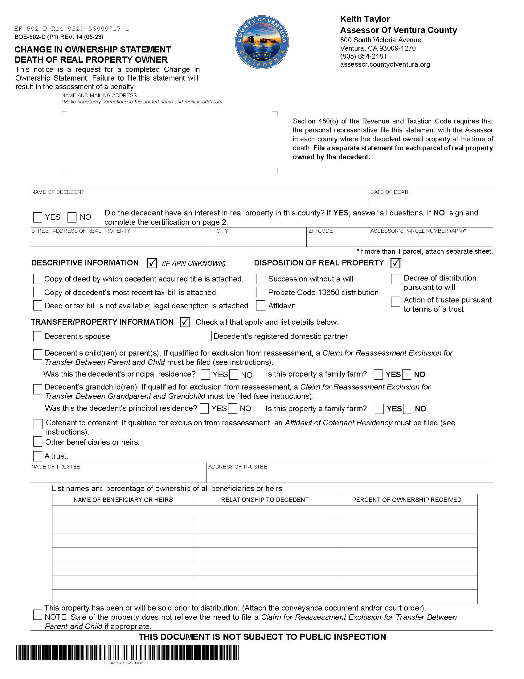 Change In Ownership Statement Death Of Real Property Owner (Ventura) {BOE-502-D} | Pdf Fpdf Docx | California