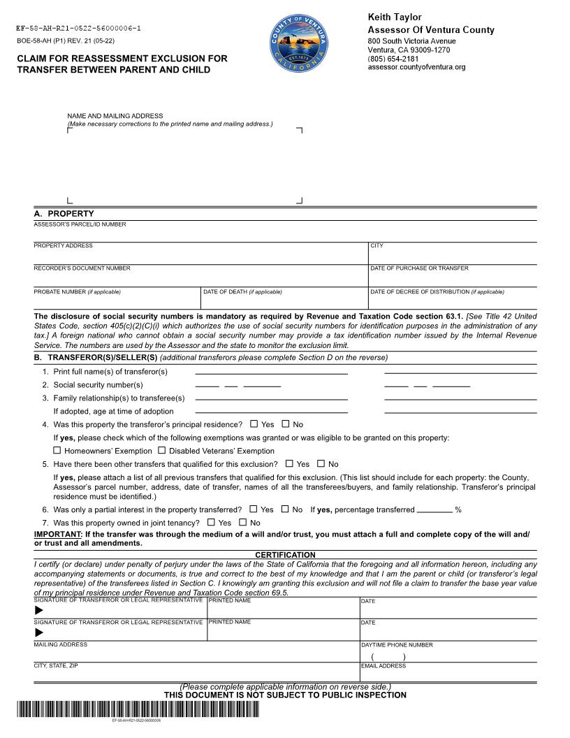 Claim For Reassessment Exclusion For Transfer Between Parent And Child (Before 02-16-21) (Ventura) {BOE-58-AH} | Pdf Fpdf Docx | California