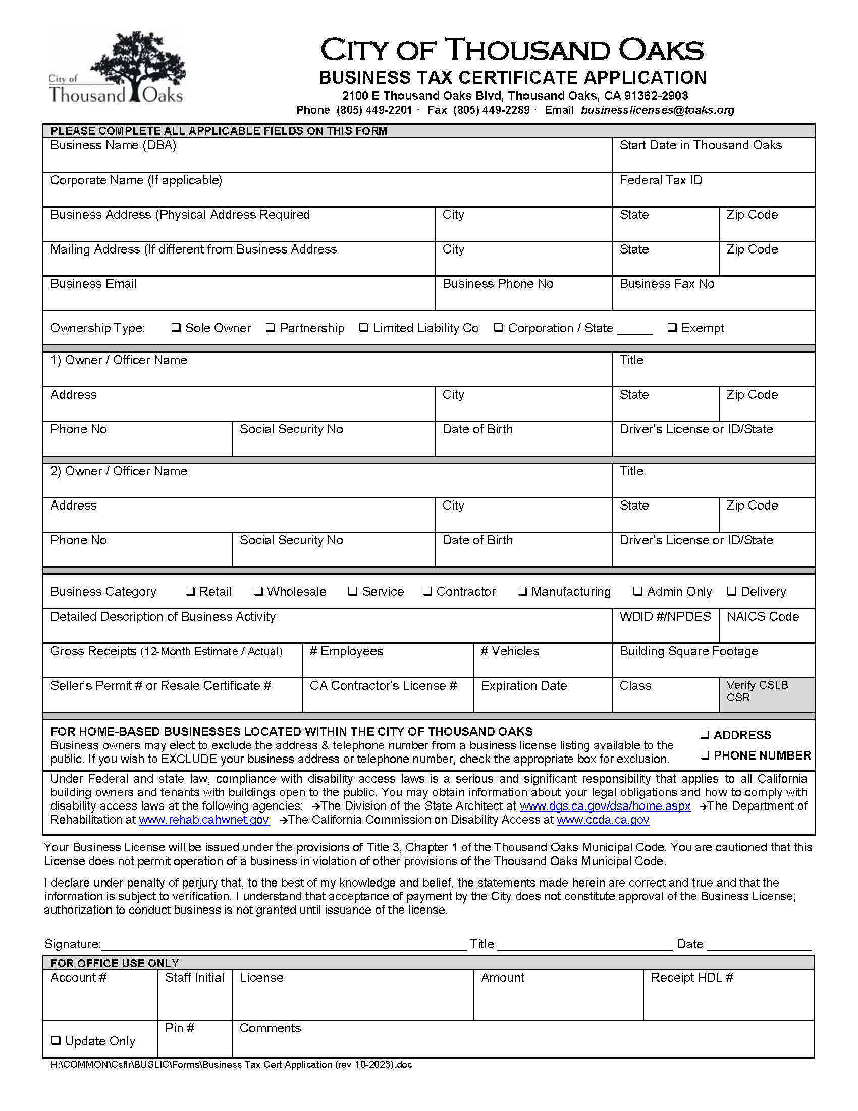 Business Tax Certificate Application (City Of Thousand Oaks) | Pdf Fpdf Docx | California