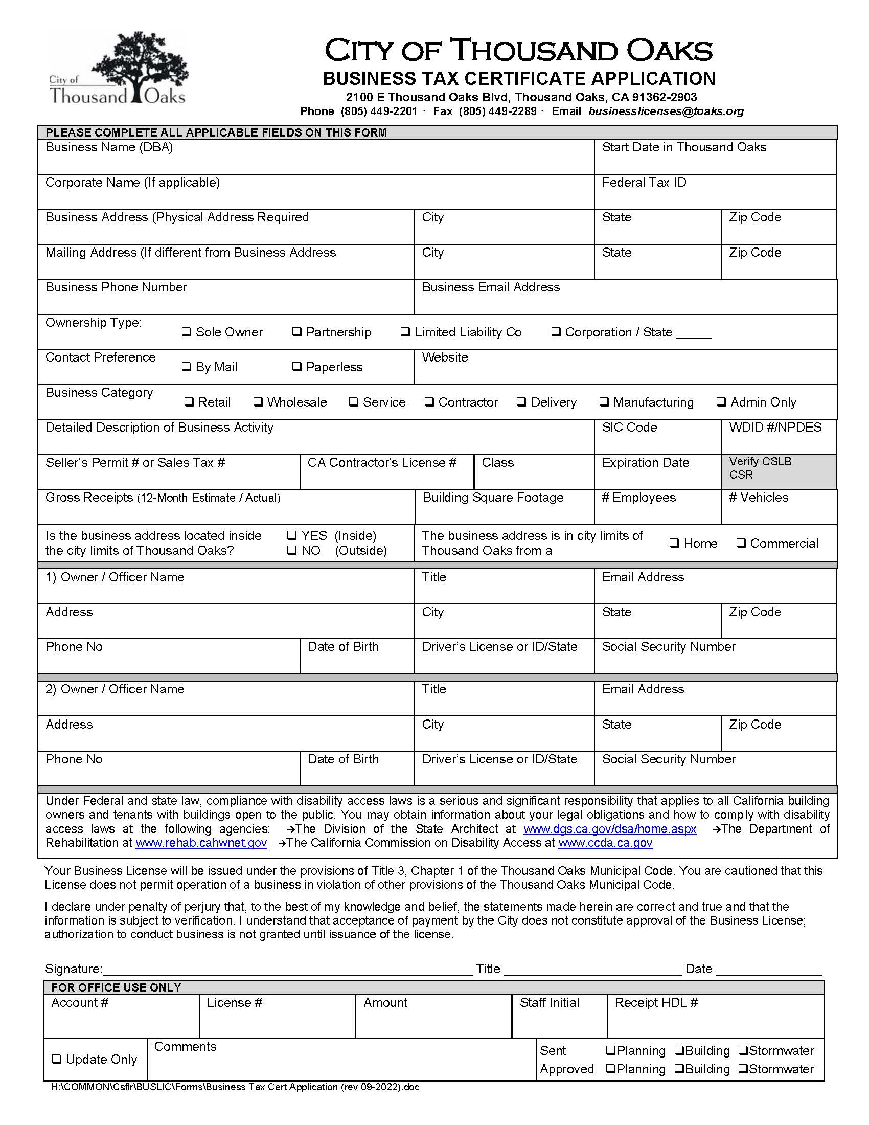 Business Tax Certificate Application (City Of Thousand Oaks) | Pdf Fpdf Docx | California