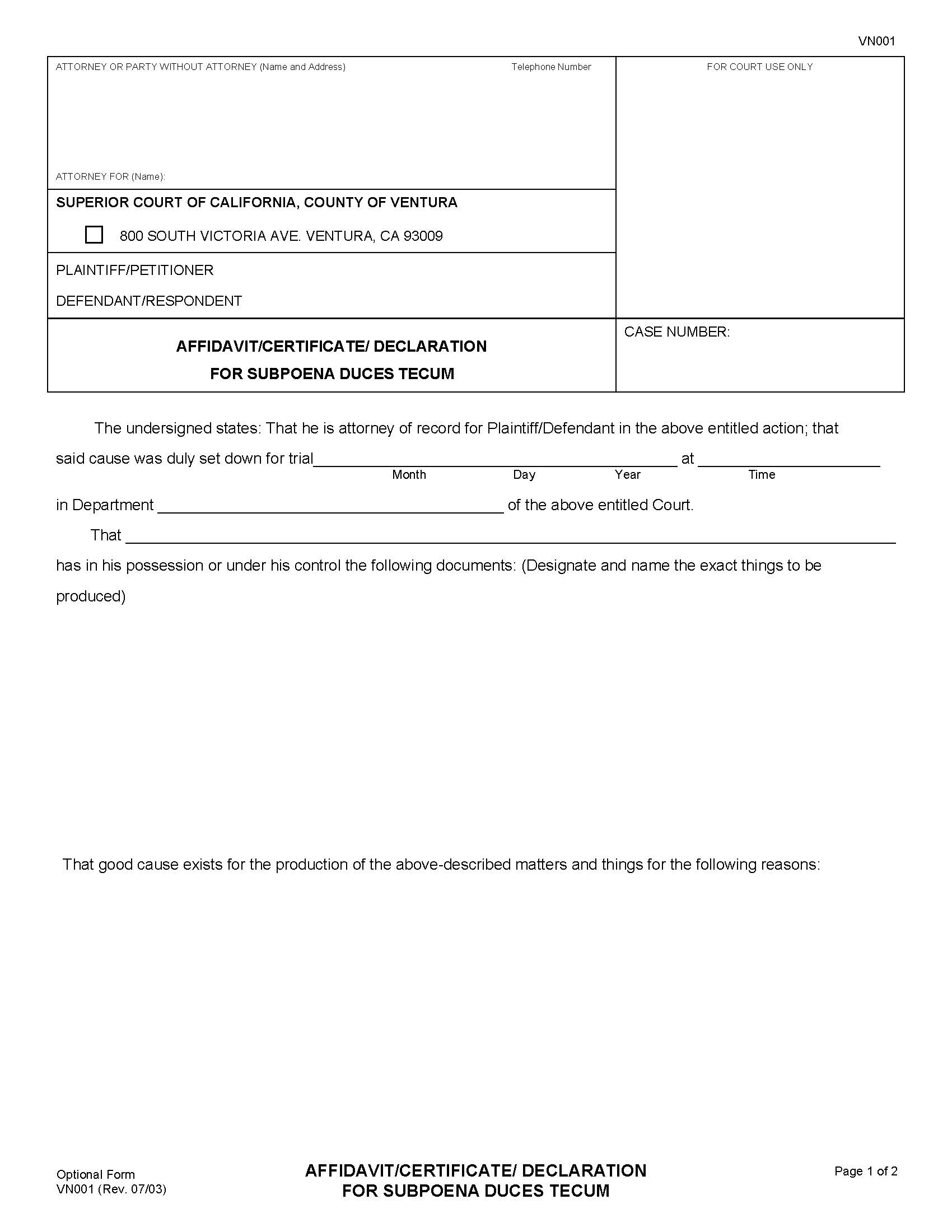 Affidavit Certificate Declaration For Subpoena Duces Tecum {VN001} | Pdf Fpdf Doc Docx | California