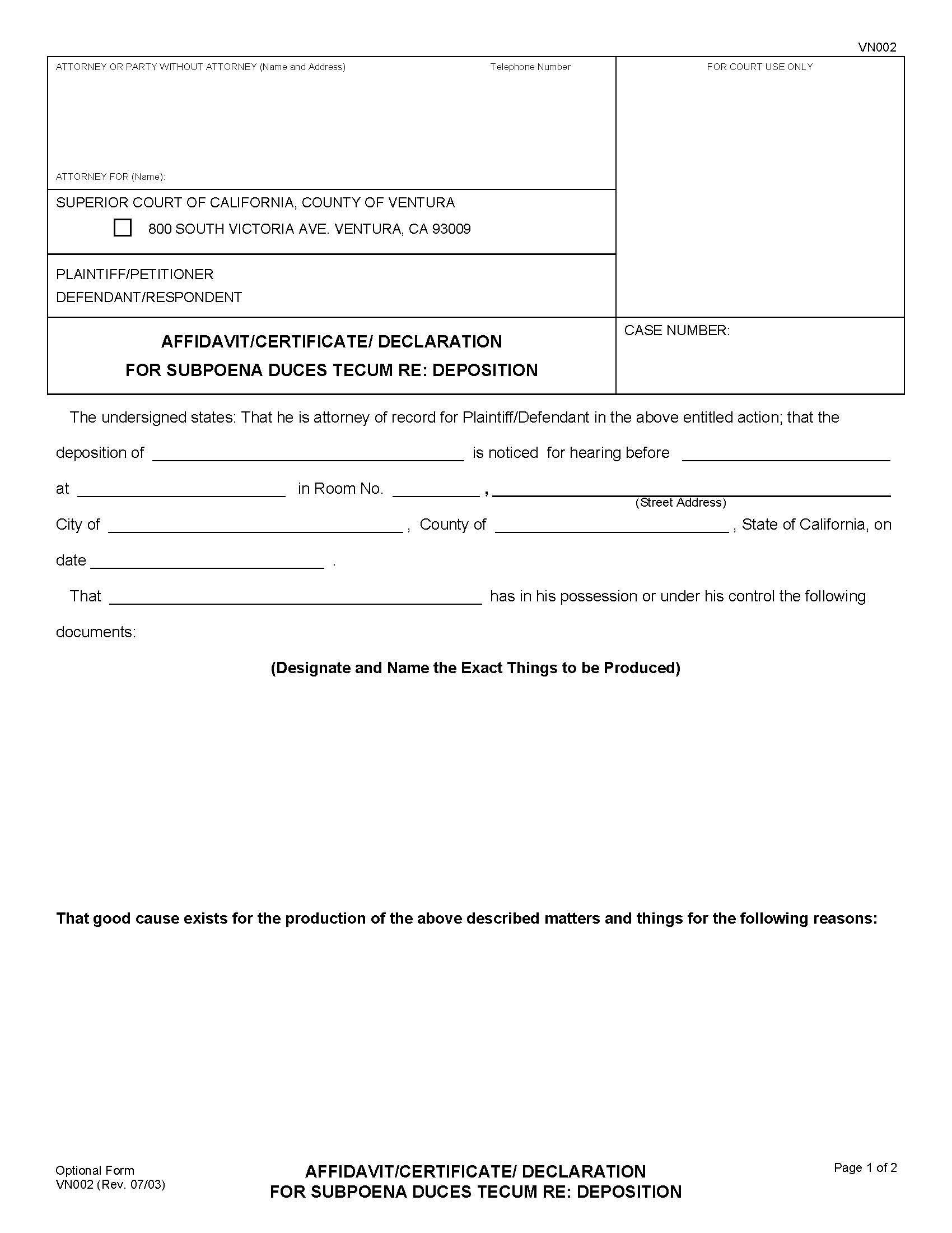 Affidavit Certificate Declaration For Subpoena Duces Tecum Re Deposition {VN002} | Pdf Fpdf Doc Docx | California