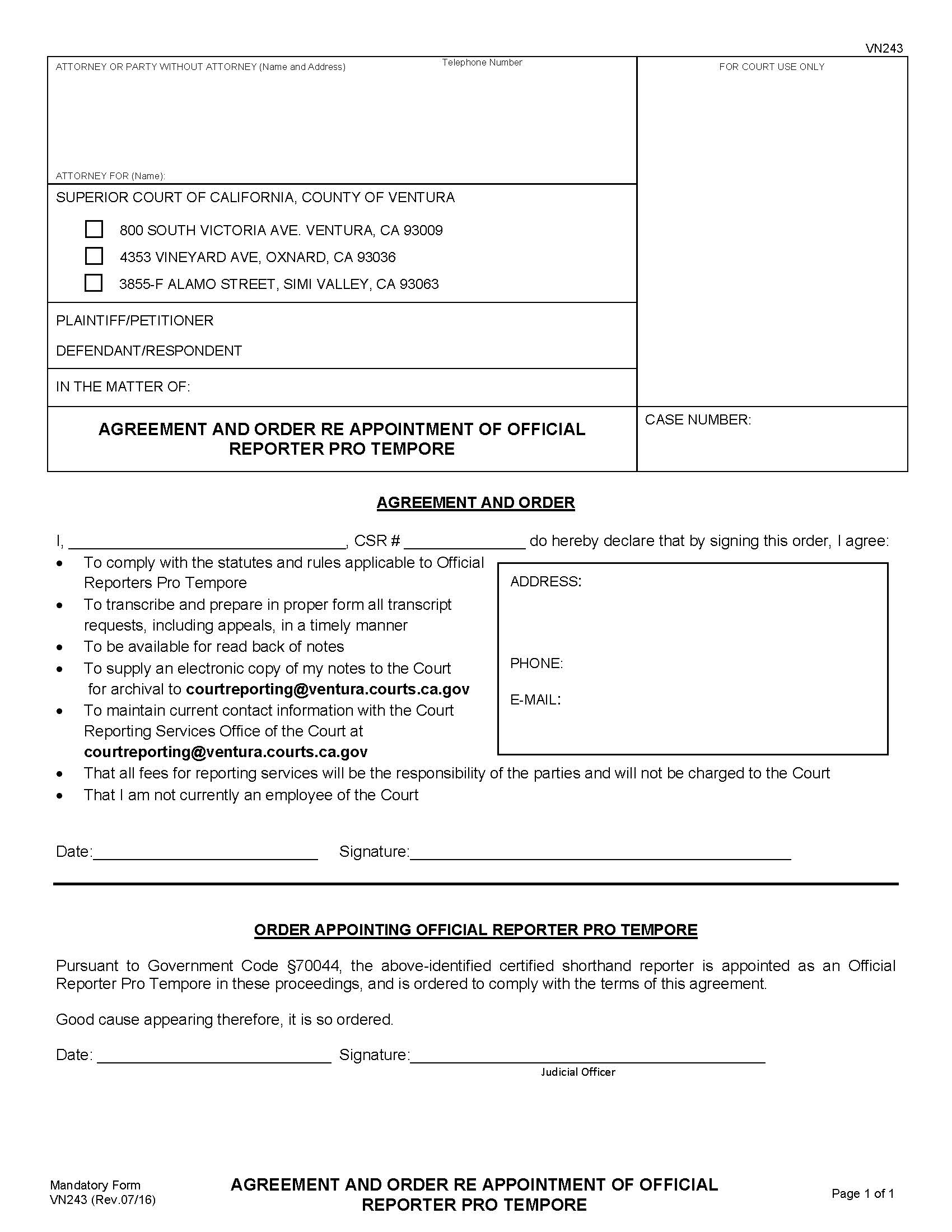 Agreement And Order Re Appointment Of Official Reporter Pro Tempore {VN243} | Pdf Fpdf Doc Docx | California