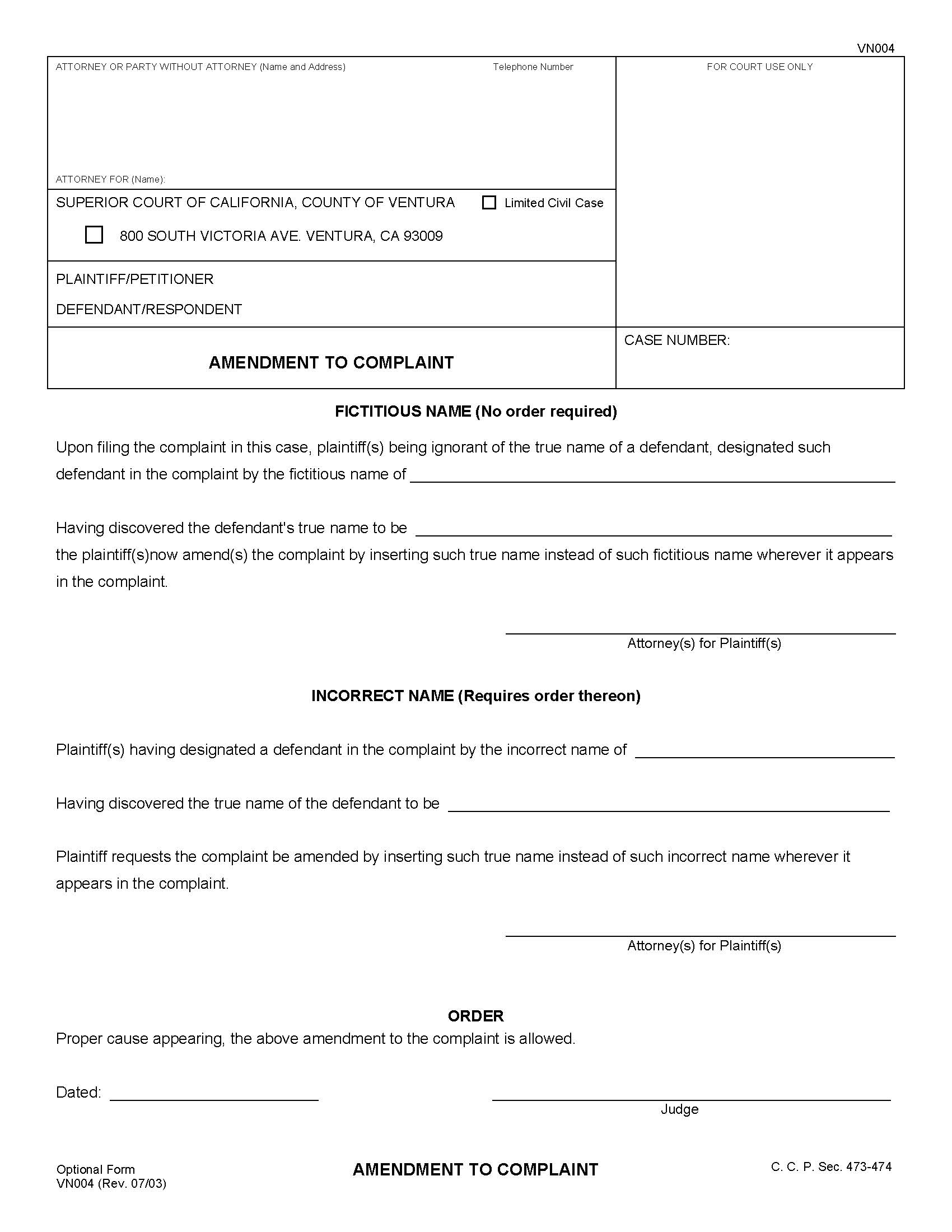 Amendment To Complaint {VN004} | Pdf Fpdf Doc Docx | California