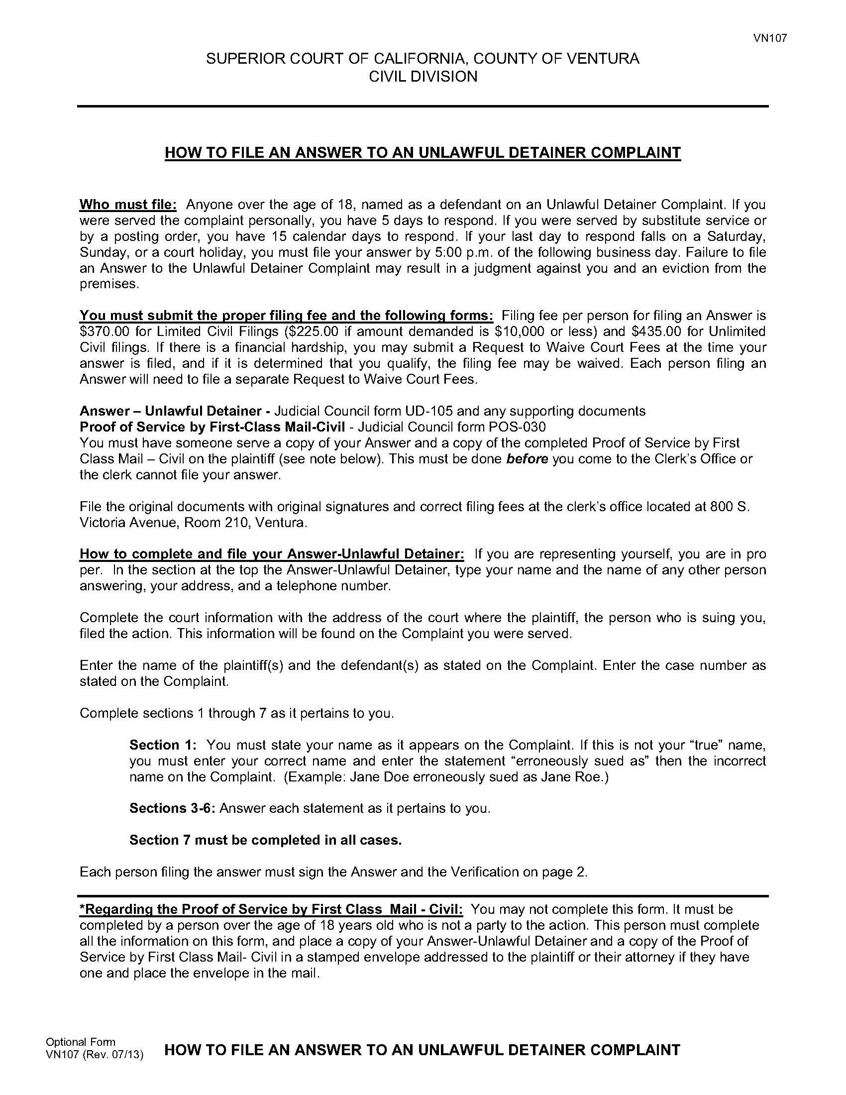 Answer To Unlawful Detainer Complaint (Instructions Only) {VN107} | Pdf Fpdf Doc Docx | California