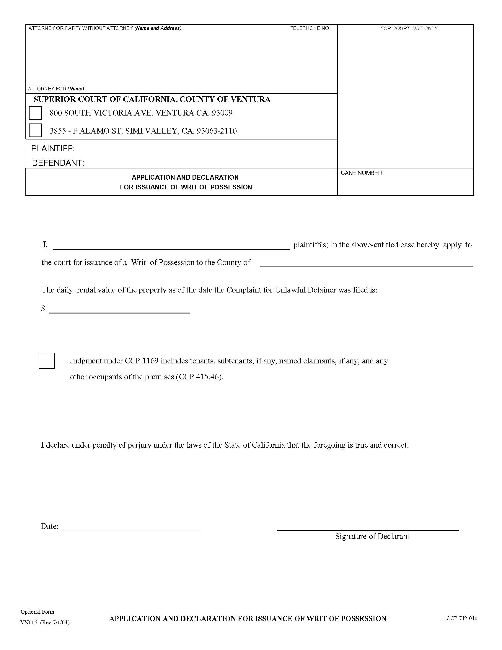 Application And Declaration For Issuance Of Writ Of Possession {VN005} | Pdf Fpdf Doc Docx | California