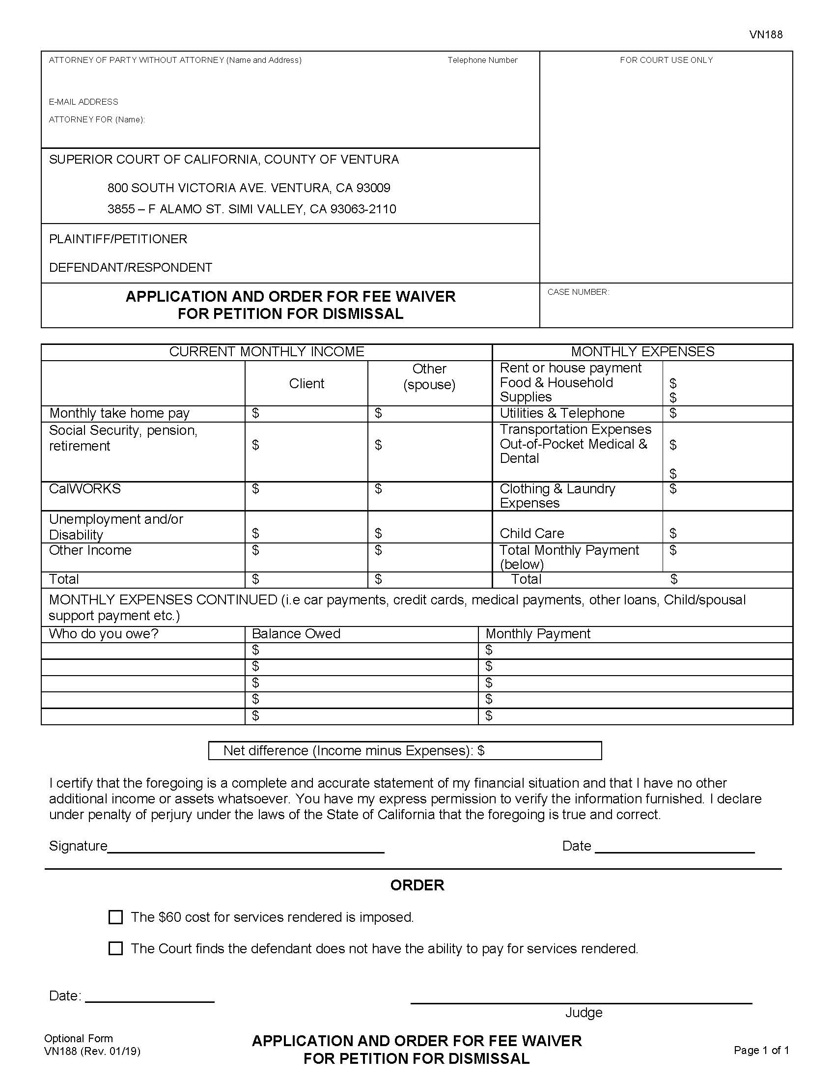 Application And Order For Fee Waiver For Petition For Dismissal {VN188} | Pdf Fpdf Docx | California