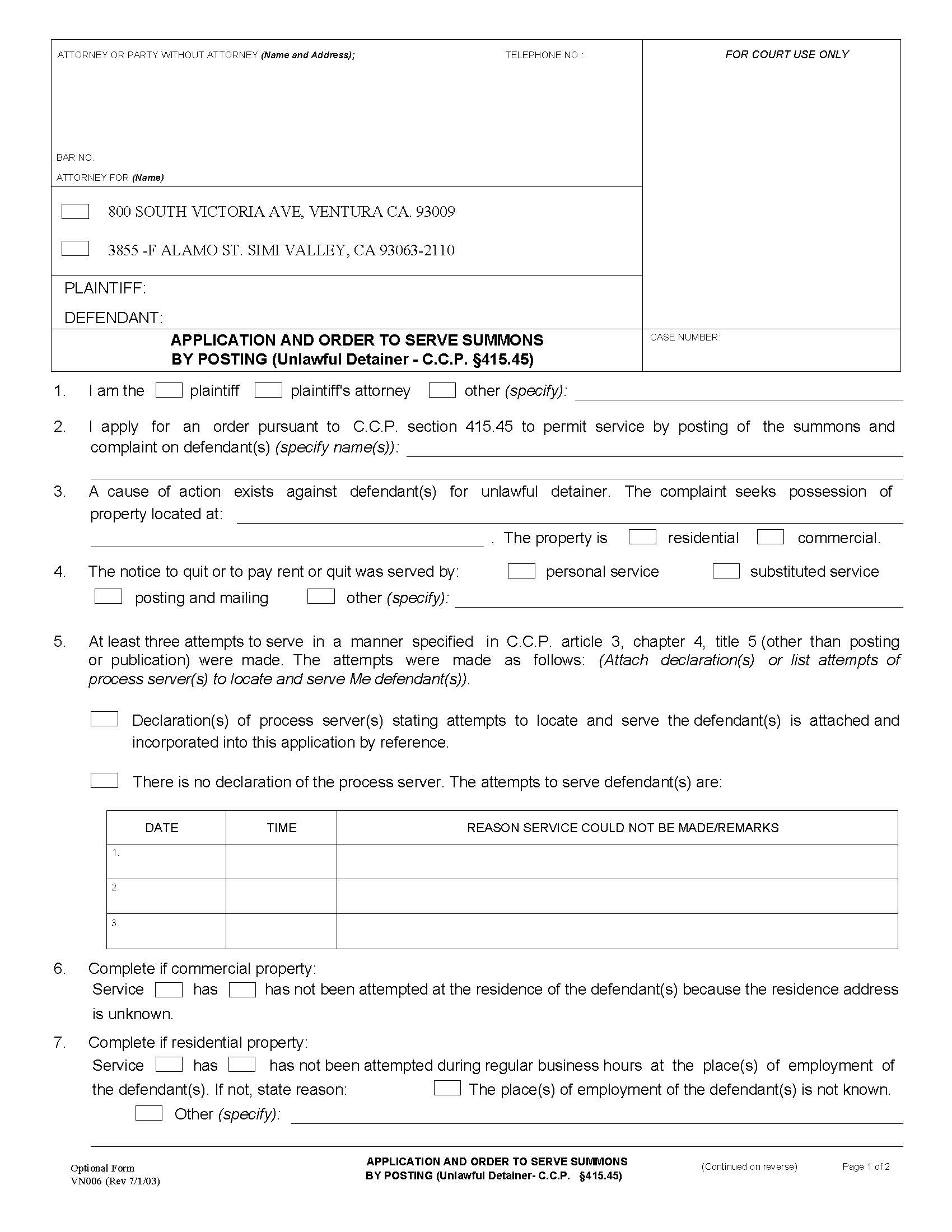 Application And Order To Serve Summons By Posting {VN006} | Pdf Fpdf Doc Docx | California